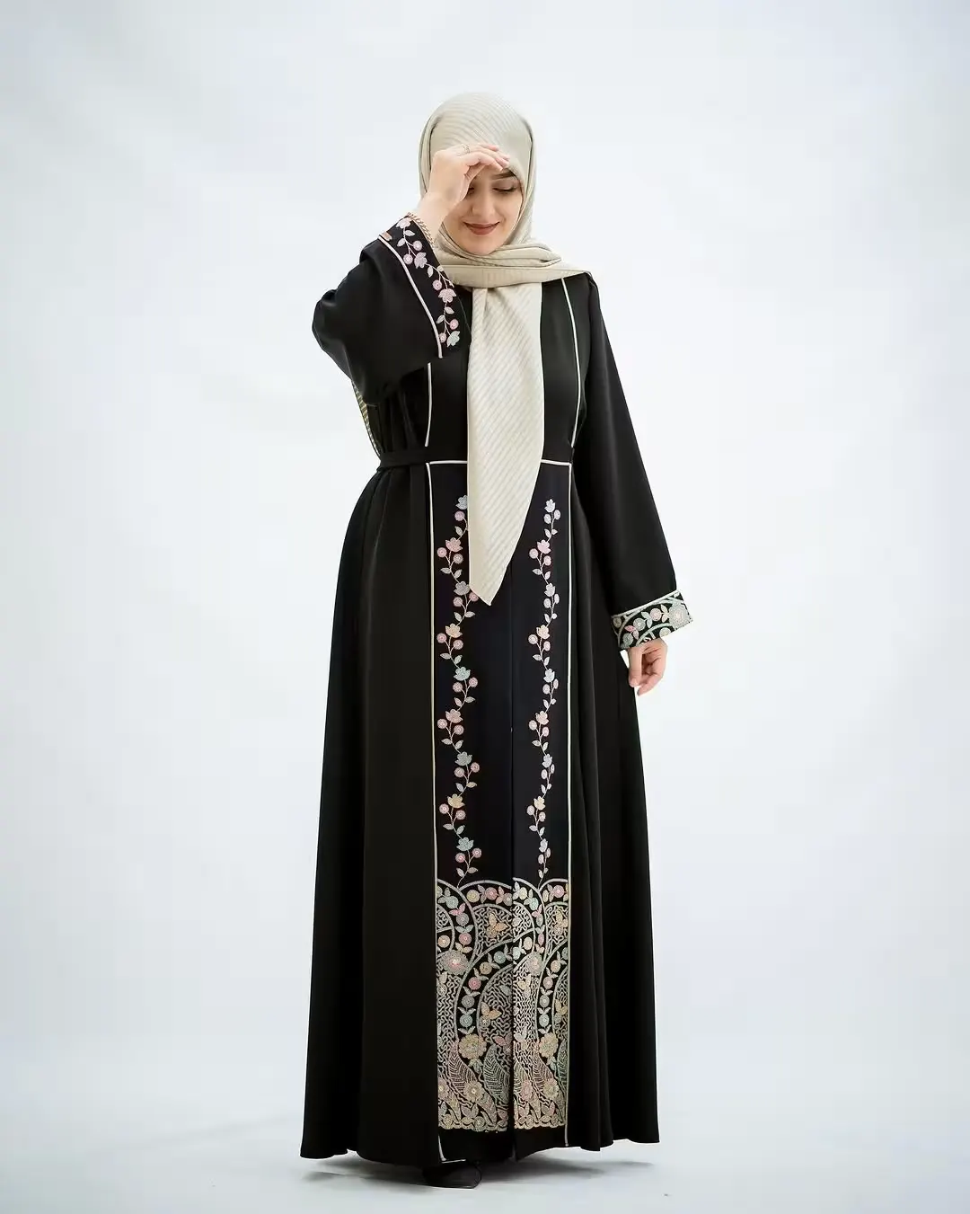 Elegant Black Floral Work Front-Panel Abaya for Women