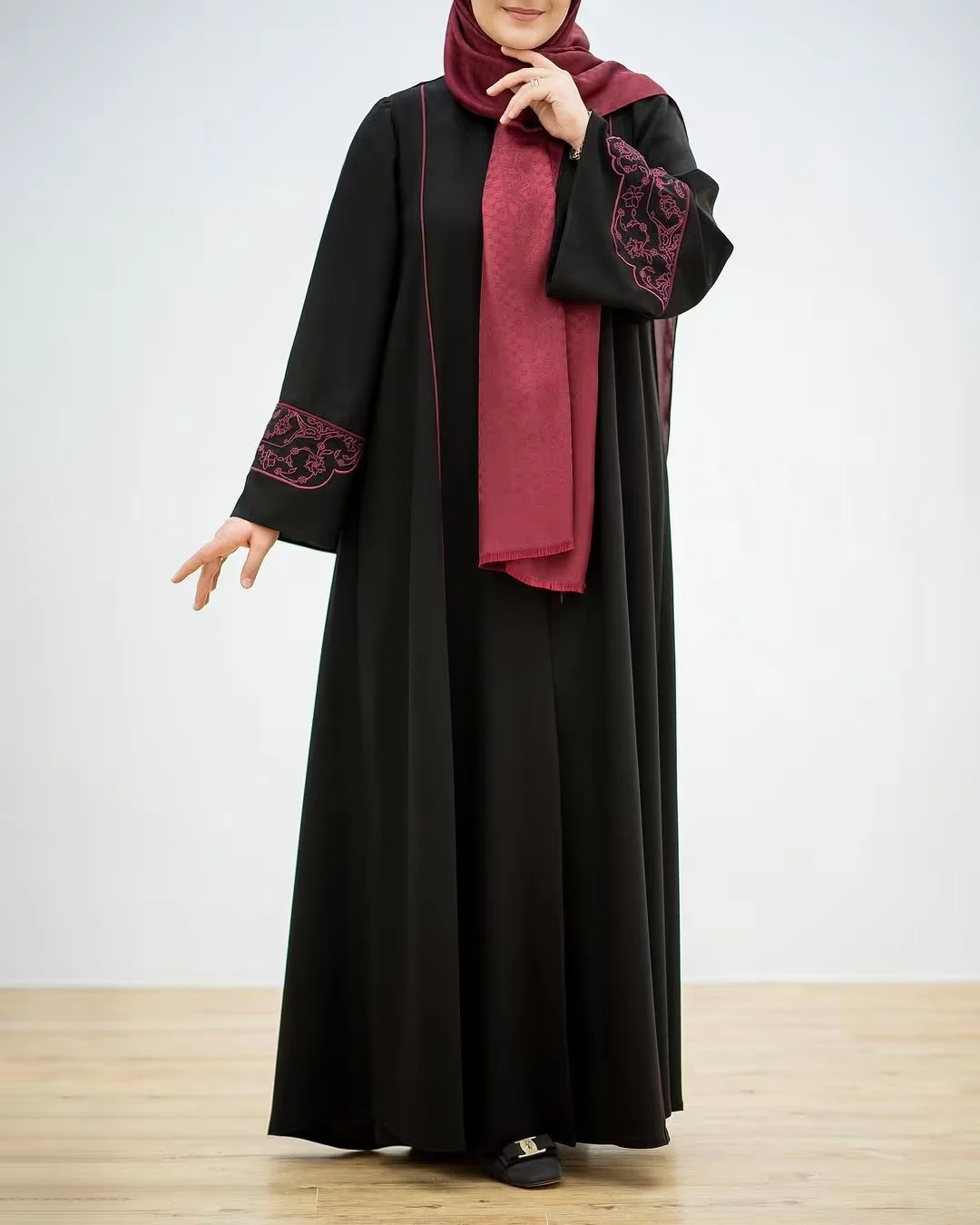 Elegant Black Front-Open Abaya with Maroon Floral Sleeve Motif