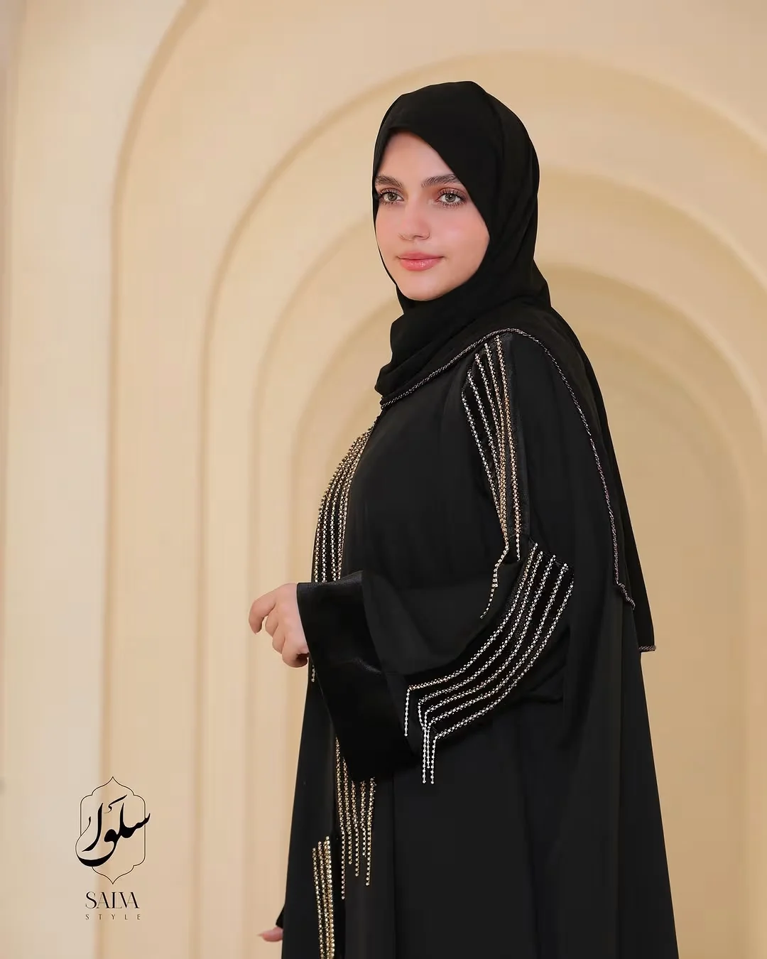 Elegant Gold & Silver Crystal Embellished Front-Open Abaya