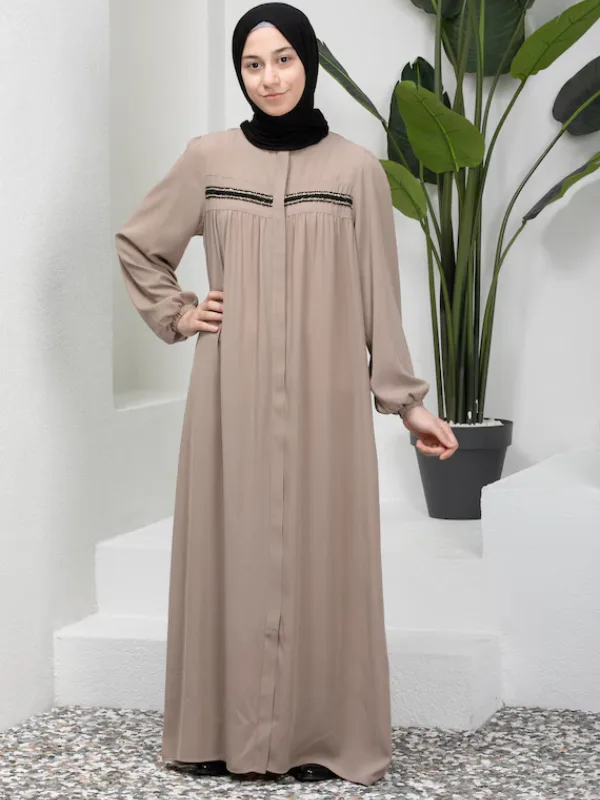 Girls Modern Mocha Beige Abaya with Smocked Elastic Cuffs