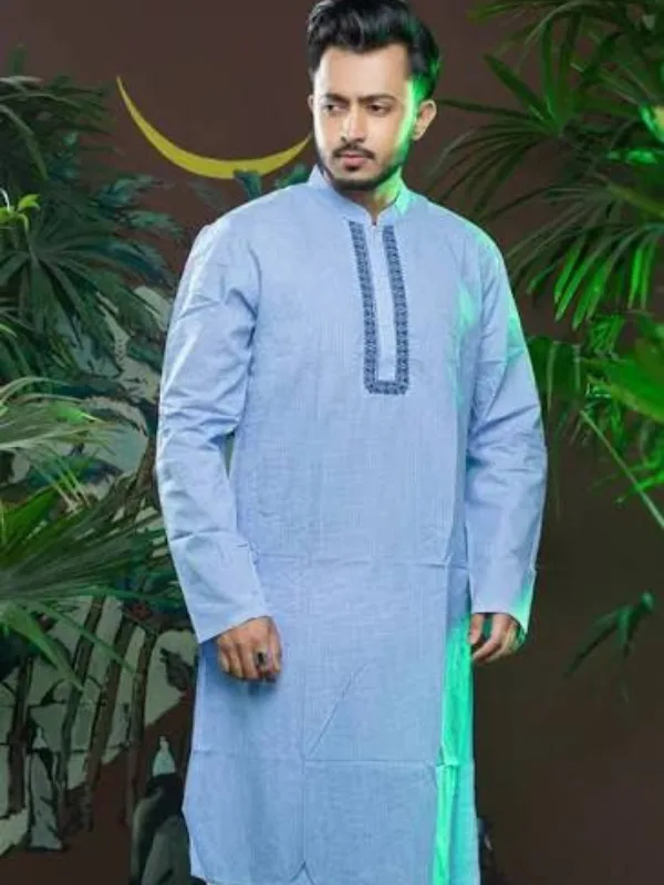 Elegant Light Blue Embroidered Placket Regular Fit Panjabi